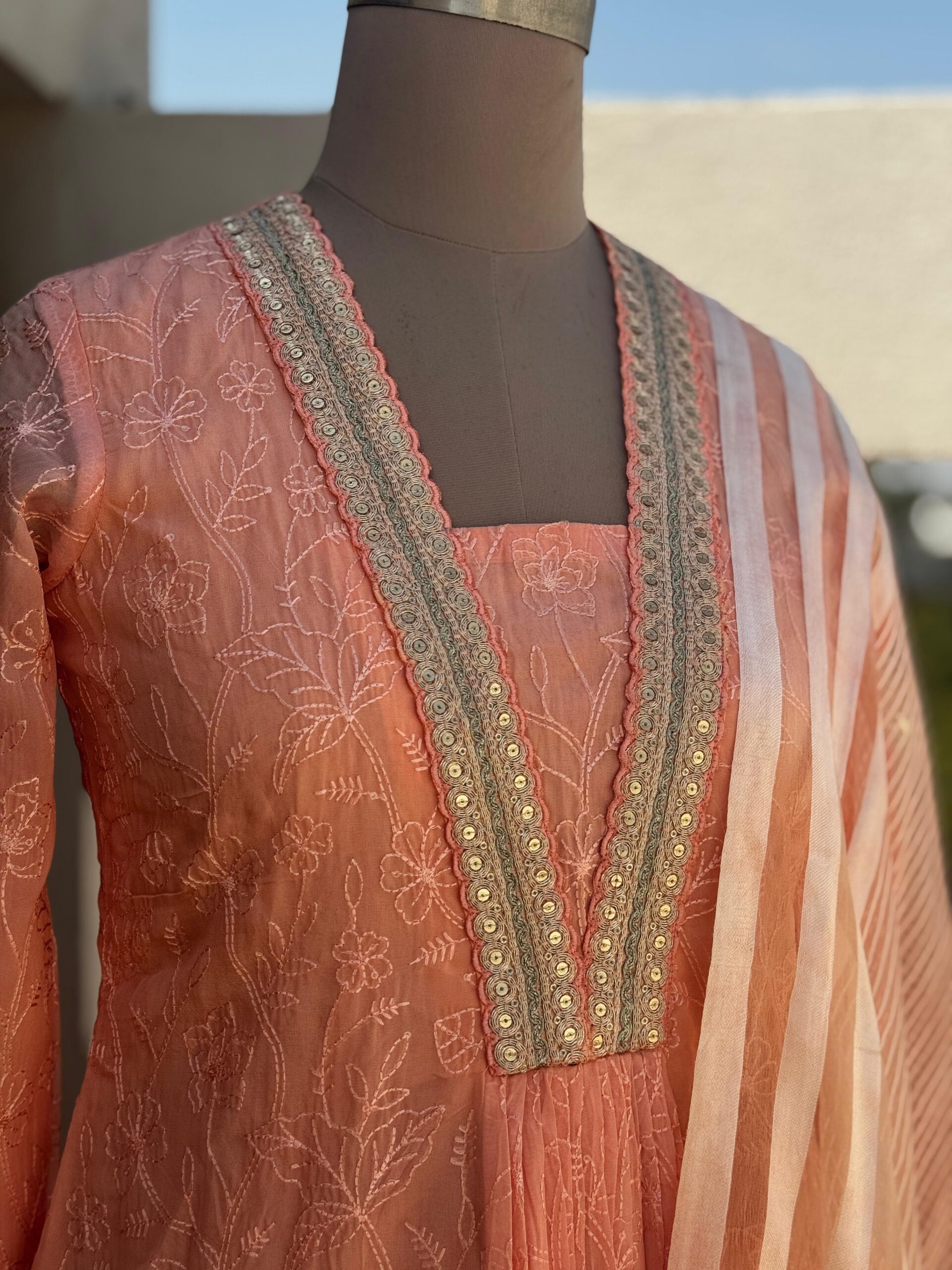 Peach Organza Chikankari Kurti Set Peach Organza Chikankari Kurti Set