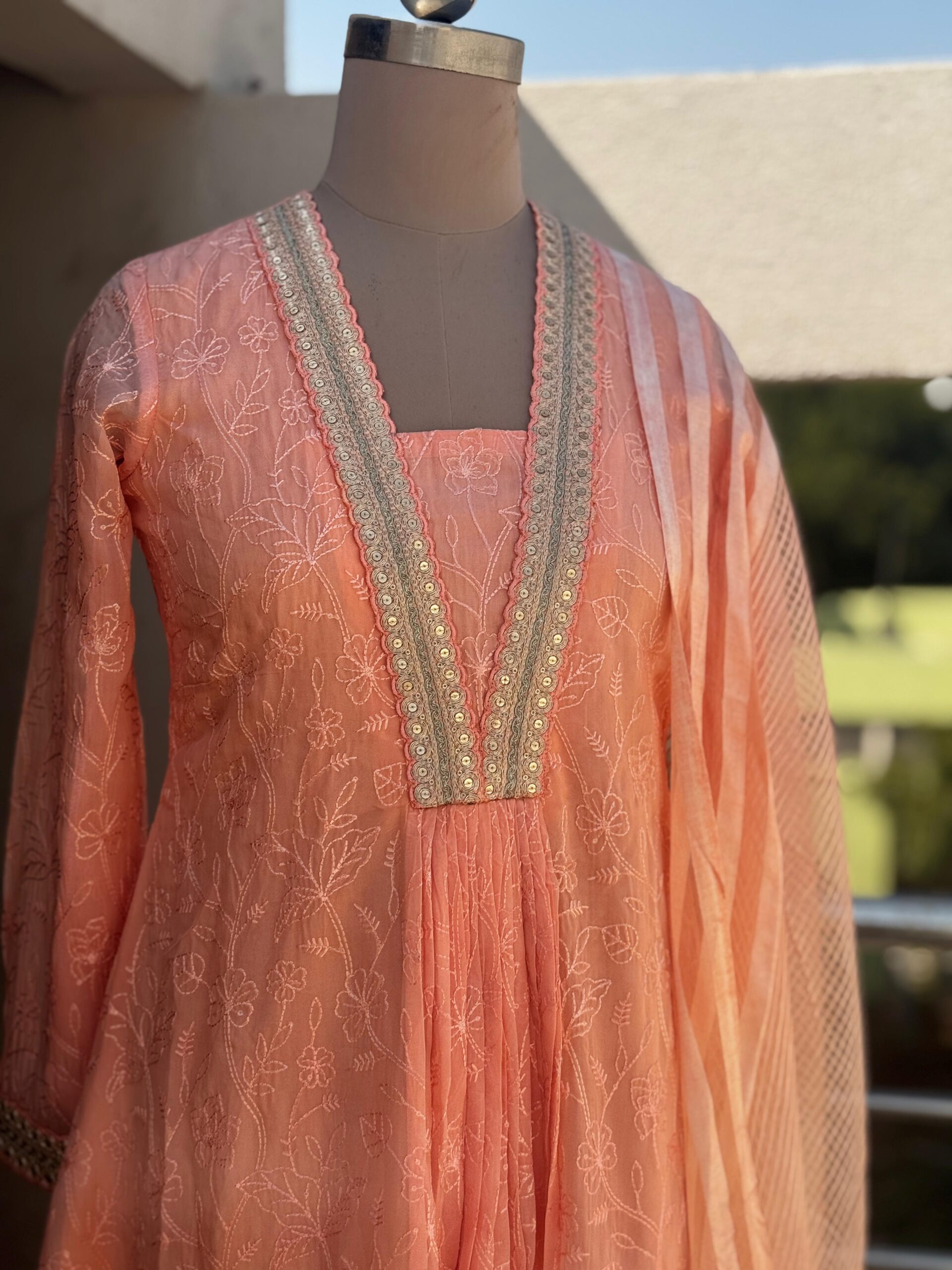 2 Peach Organza Chikankari Kurti Set