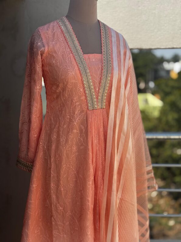 Peach Organza Chikankari Kurti Set