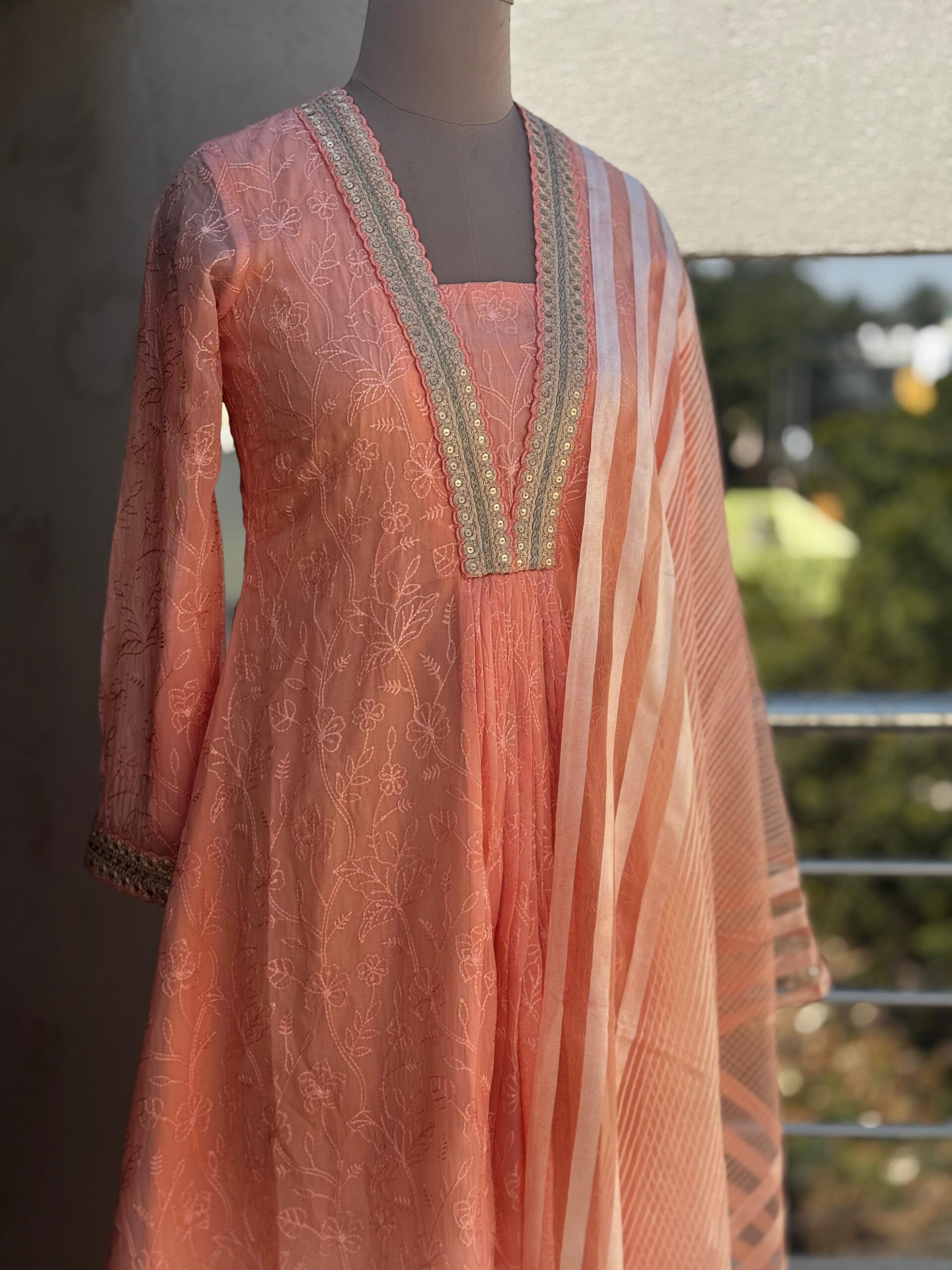 Peach Organza Chikankari Kurti Set Peach Organza Chikankari Kurti Set