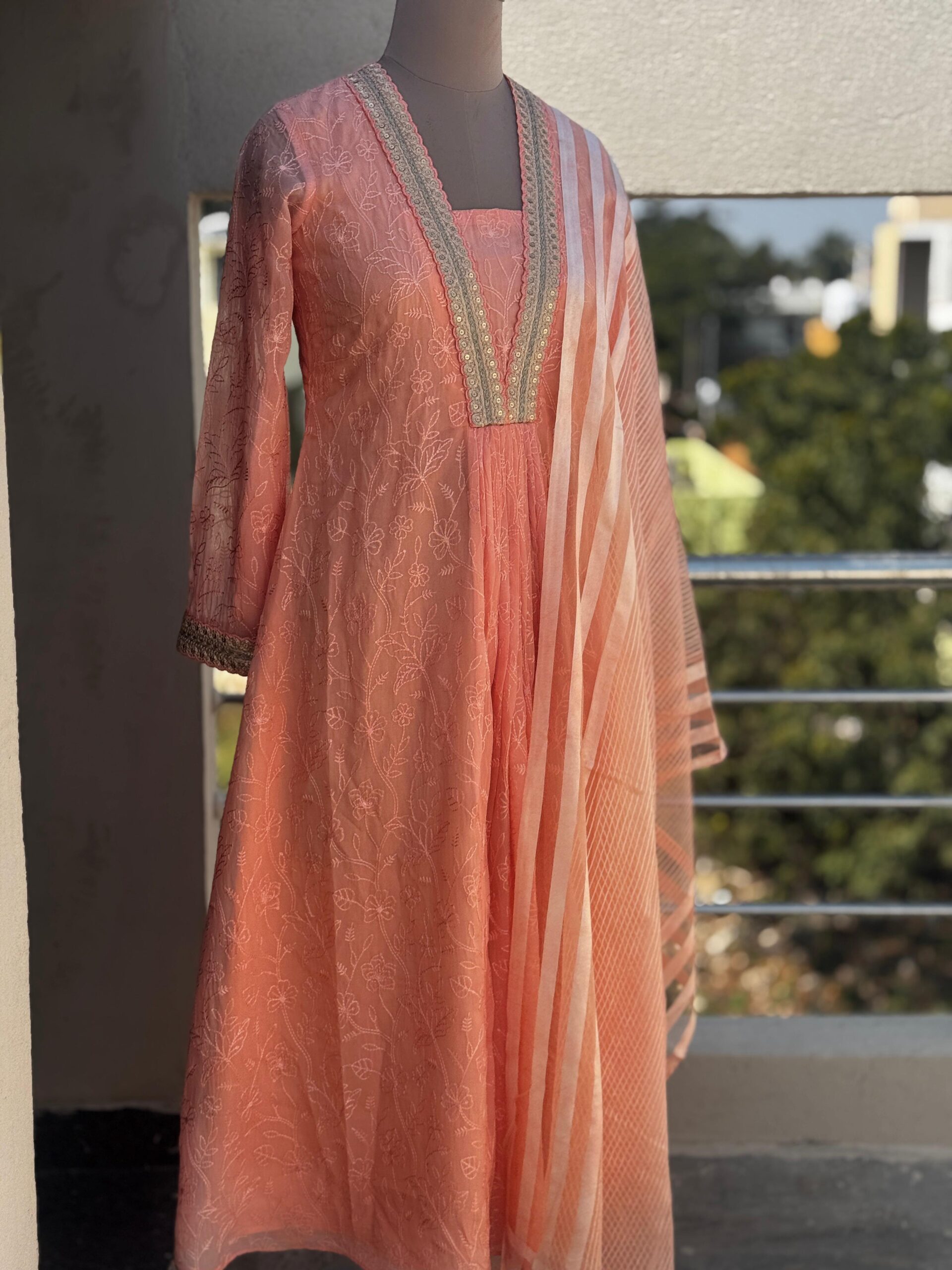 Peach Organza Chikankari Kurti Set Peach Organza Chikankari Kurti Set