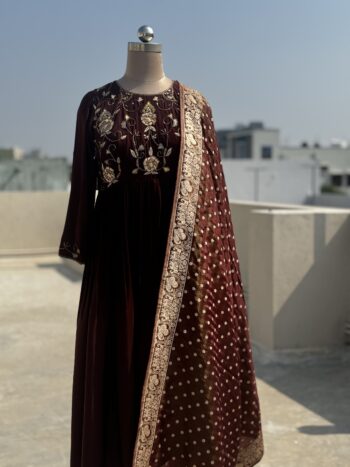 Chocolate Crepe Salwar With Hand Embroidered Yoke